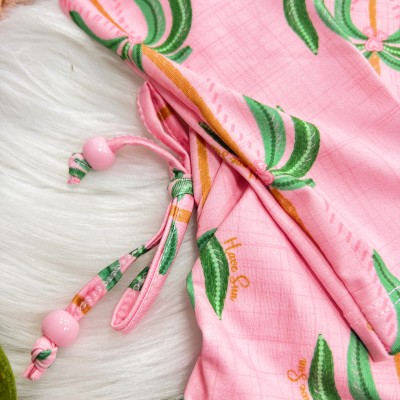 Linha Praia - Blusa Manga Longa Coqueiros com Proteção UV50+ e Calcinha - Rosa e Verde 